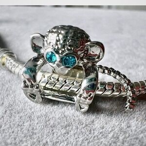 Silver Monkey Charm With Blue Crystal Eyes Fits Pandora Bracelet